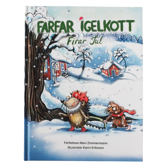 Barnbok med julberättelse om Farfar Igelkott och vänner som firar jul tillsammans med skridskor, räddningsuppdrag och oväntade gäster.