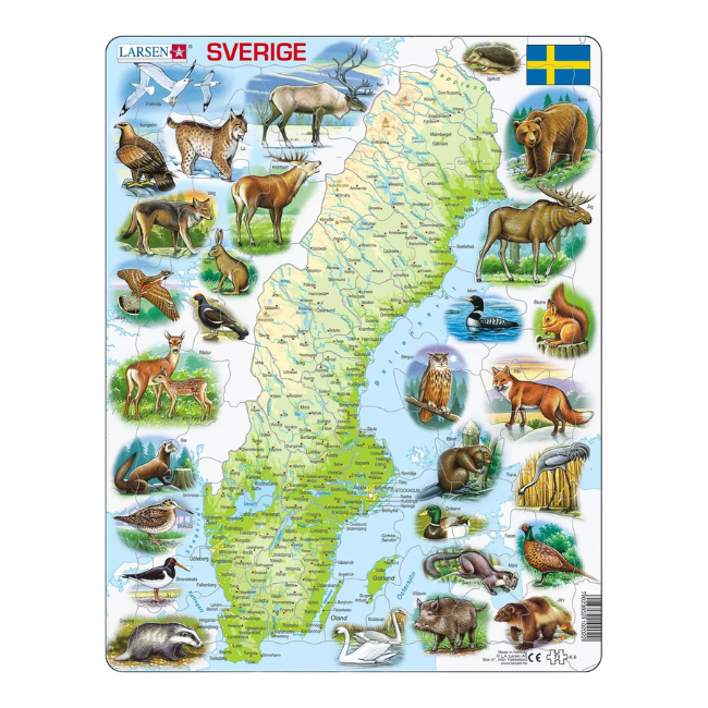 Pussel Sverigekarta med svenska djur 71 bitar