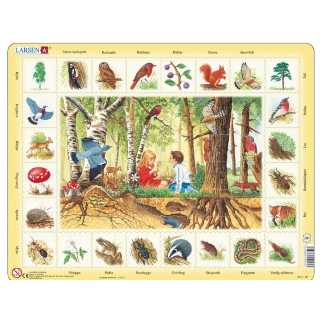 Pussel med djur och växter i den svenska skogen