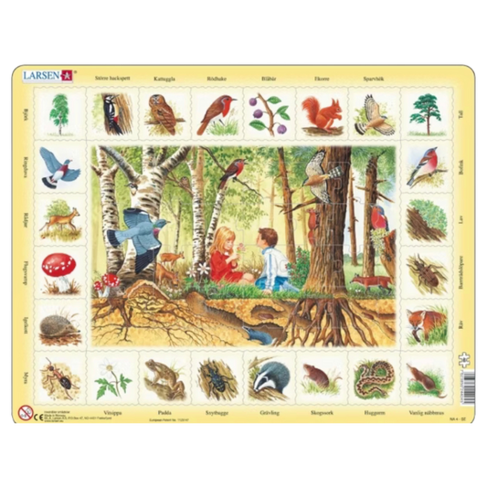 Pussel med djur och växter i den svenska skogen