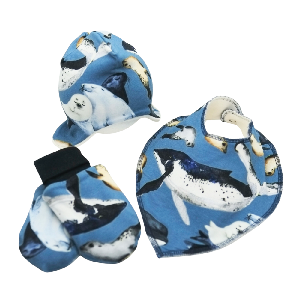 Matchande kit med Fleecemössa, vantar och dregglis med valar