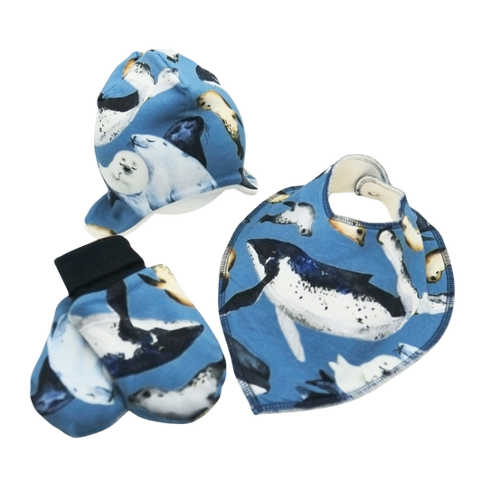 Matchande kit med Fleecemössa, vantar och dregglis med valar